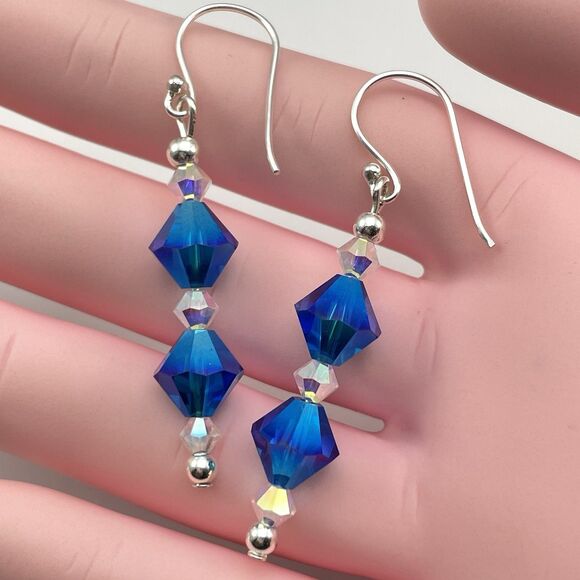 Made With Swarovski Crystal Teal Blue White AB Beaded Sterling Silver Earrings - Picture 5 of 7